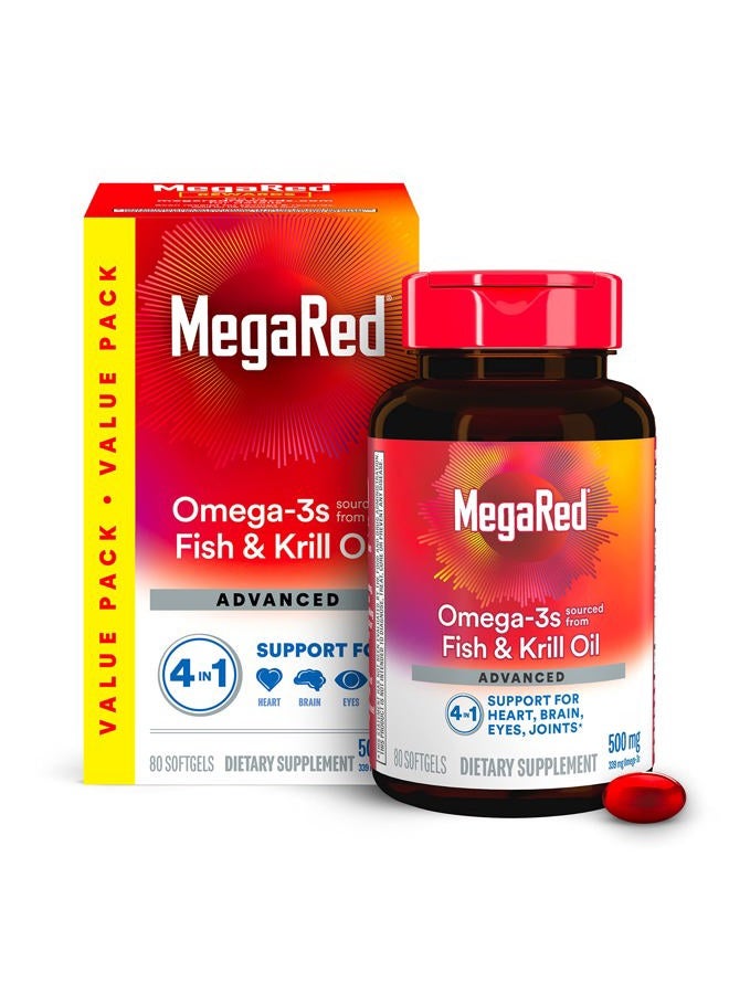 Megared Omega-3 Fish Oil + High Absorption Krill Oil 500mg Softgels, MegaRed Advanced 4in1 (80 count in a bottle) Concentrated Omega-3 Fish & Krill Oil Supplement - Image 1