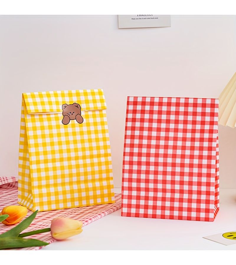 Purple Checkered Gift Bags Flat Bottom Packaging Desktop Storage 50 Stickers - Image 1