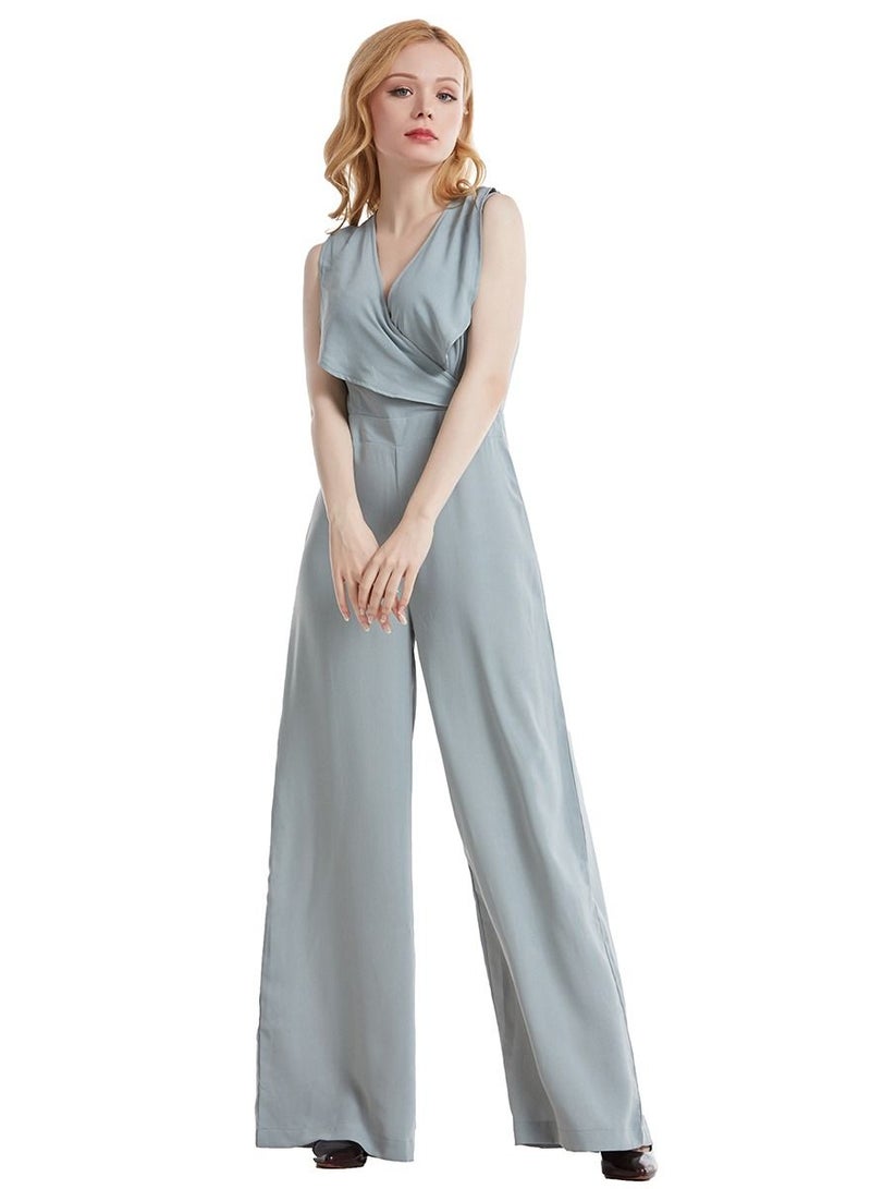 Loquat Lady's Solid Color V-Neck Jumpsuit One-Piece Sleeveless Top And Pants Bluish Grey  - Image 1