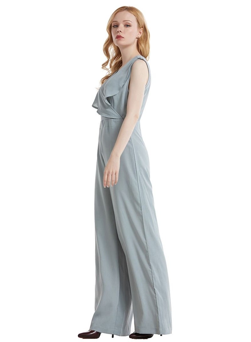 Loquat Lady's Solid Color V-Neck Jumpsuit One-Piece Sleeveless Top And Pants Bluish Grey  - Image 2