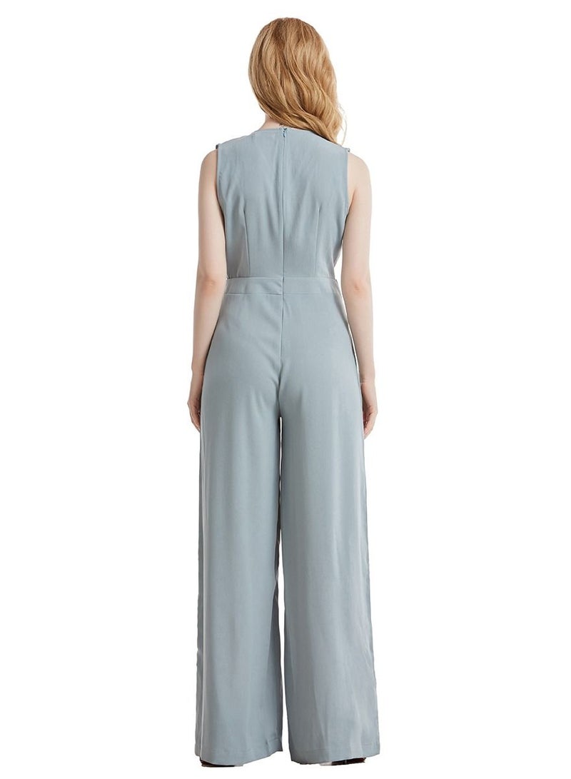 Loquat Lady's Solid Color V-Neck Jumpsuit One-Piece Sleeveless Top And Pants Bluish Grey  - Image 3