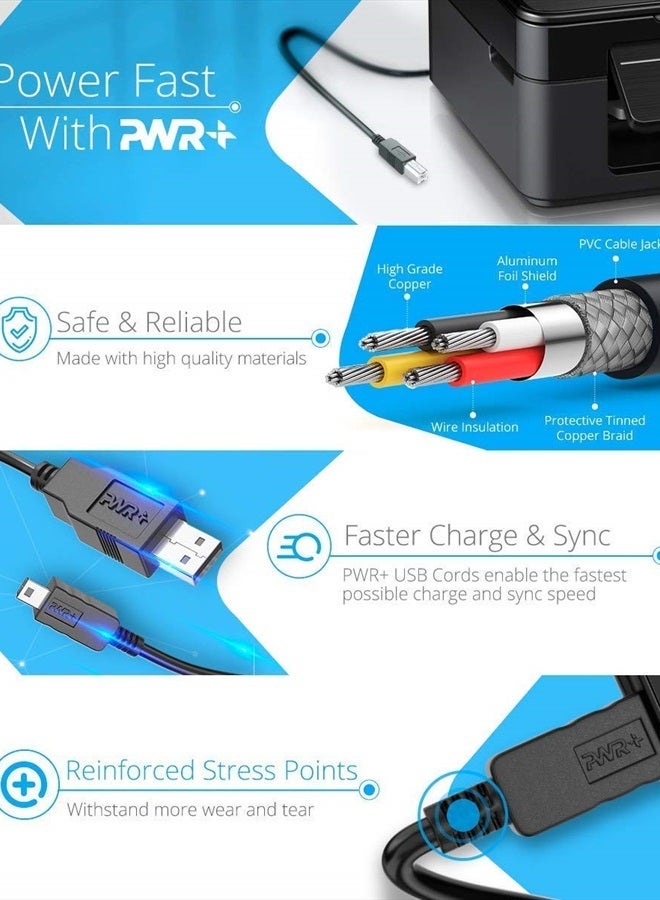 PWR+ 6Ft Long USB-Printer-Cable 2.0 for HP OfficeJet Laserjet Envy; Canon Pixma; Epson Workforce Stylus Expression Home; Brother; Silhouette Cameo; Dell Scanner Fax High Speed Cord 2.0 - Image 2