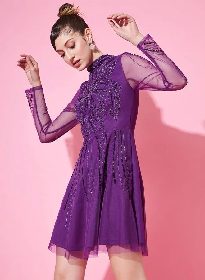 STREET 9 Purple Embellished Fit & Flare Dress for Women