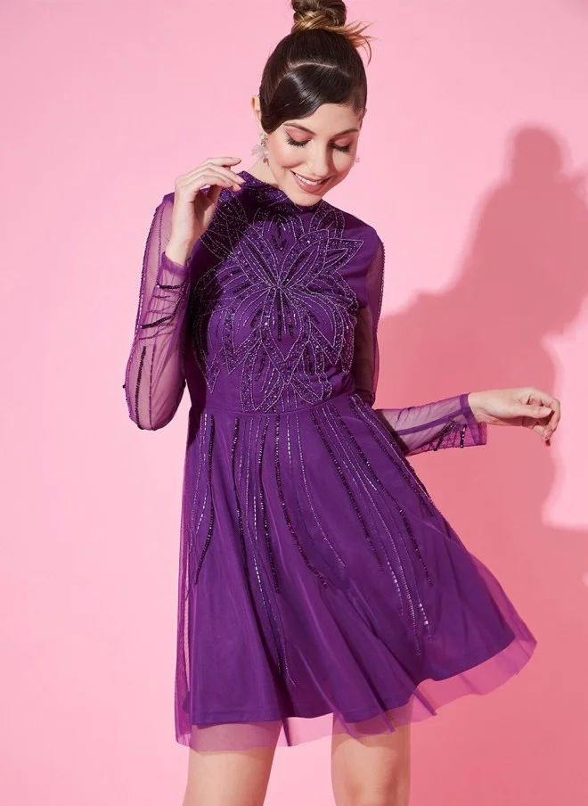 STREET 9 Purple Embellished Fit & Flare Dress for Women