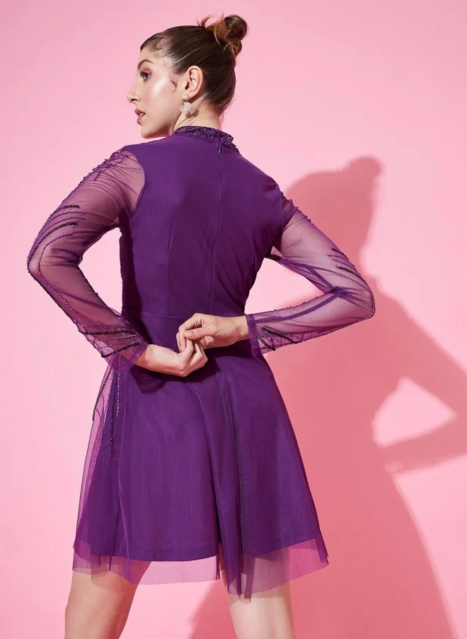 STREET 9 Purple Embellished Fit & Flare Dress for Women