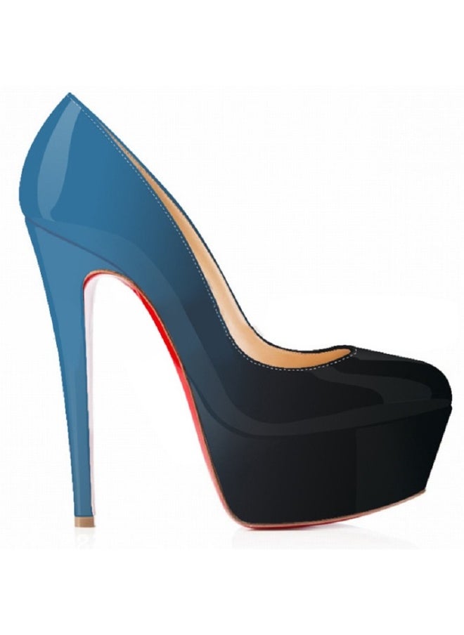 Loquat Patent Leather Pointed Toe Gradient Two-Tone High Heels 14cm Blue  - Image 3