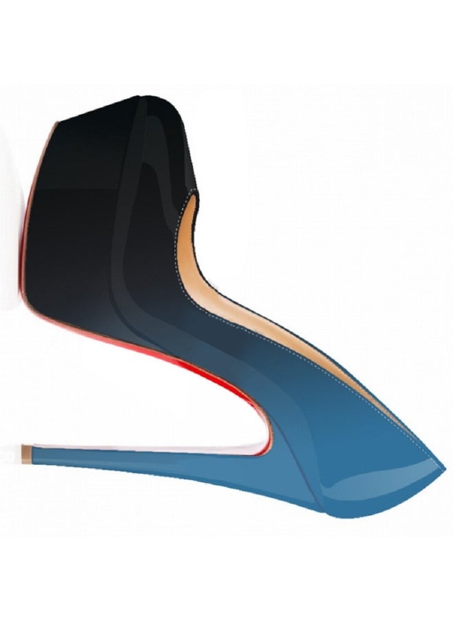 Loquat Patent Leather Pointed Toe Gradient Two-Tone High Heels 14cm Blue  - Image 2
