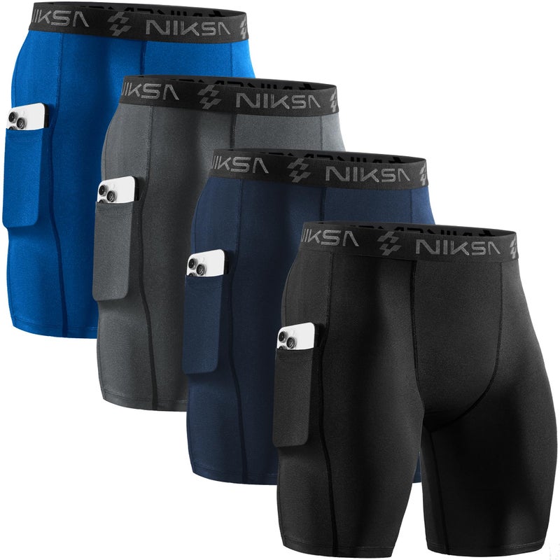 Niksa 4 Pack Compression Shorts Men with Pocket, Spandex Running Shorts Sport Athletic Workout Performance Underwear - Image 1