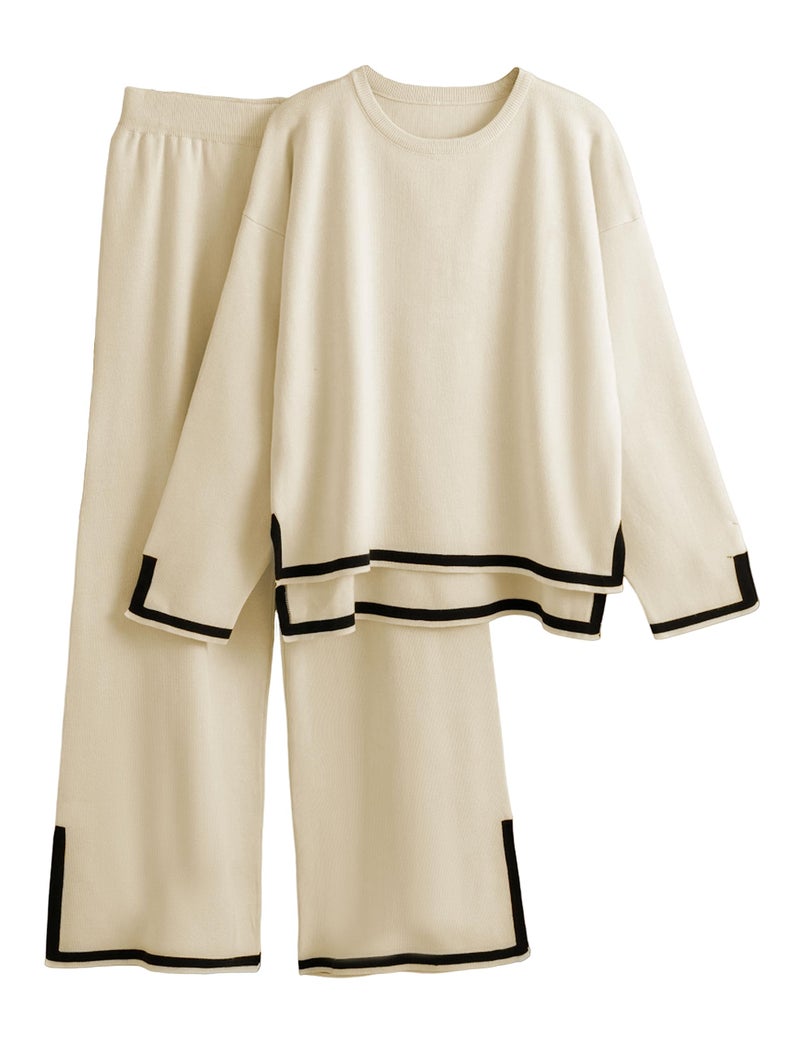 Tanming Women's 2 Piece Outfits Long Sleeve Knit Sweater Top Wide Leg Pants Lounge Sets Tracksuits (Apricot, X-Small) - Image 1
