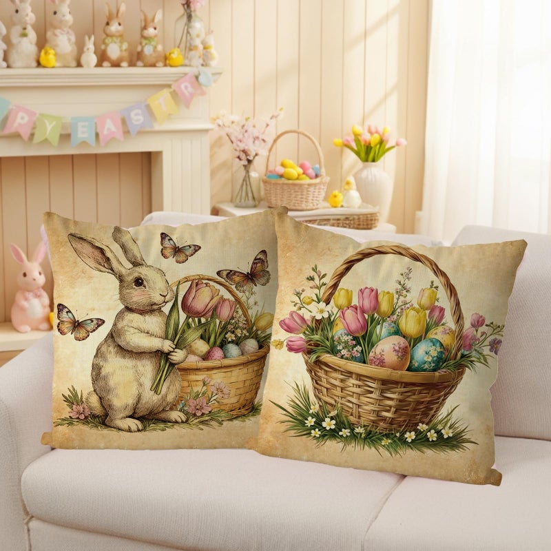 GAGEC Easter Pillow Covers 18X18 Inch Set of 4 Vintage Decor Easter Decorations Vintage Pillow Covers Bunny Pillowcases Floral Decor for Holiday Spring Farmhouse Couch Sofa Cushion Cases - Image 2