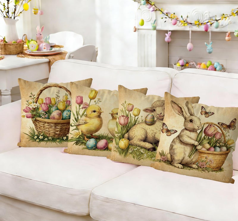 GAGEC Easter Pillow Covers 18X18 Inch Set of 4 Vintage Decor Easter Decorations Vintage Pillow Covers Bunny Pillowcases Floral Decor for Holiday Spring Farmhouse Couch Sofa Cushion Cases - Image 4