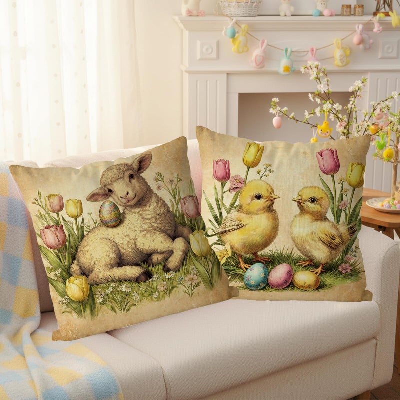 GAGEC Easter Pillow Covers 18X18 Inch Set of 4 Vintage Decor Easter Decorations Vintage Pillow Covers Bunny Pillowcases Floral Decor for Holiday Spring Farmhouse Couch Sofa Cushion Cases - Image 5