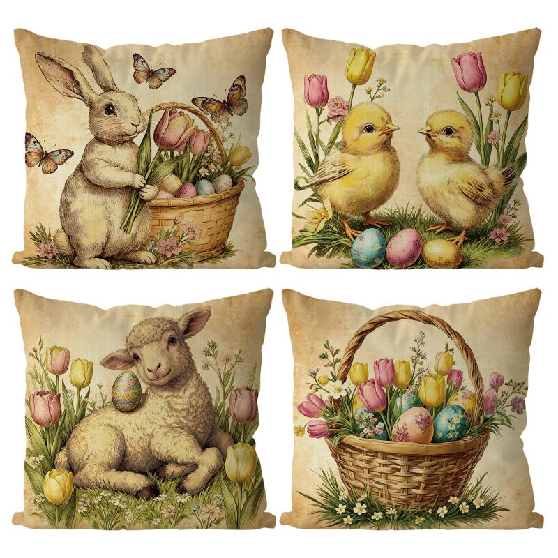 GAGEC Easter Pillow Covers 18X18 Inch Set of 4 Vintage Decor Easter Decorations Vintage Pillow Covers Bunny Pillowcases Floral Decor for Holiday Spring Farmhouse Couch Sofa Cushion Cases - Image 1