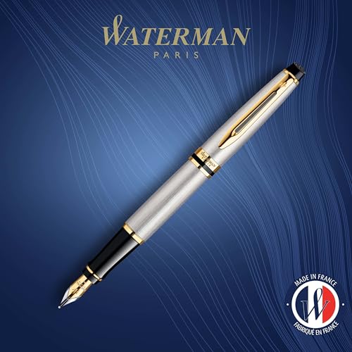Waterman Expert Fountain Pen, Stainless Steel With 23k Gold Trim, Medium Nib With Blue Ink Cartridge, Gift Box - Image 2