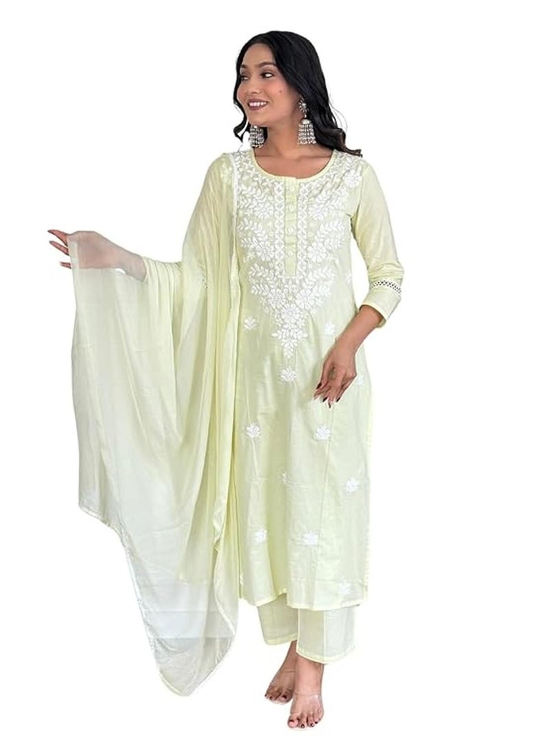 Naixa Women's Cotton Embroidered Straight Kurta with Pant and Dupatta Sets (NX-572-Light-Yellow-3XL) - Image 1