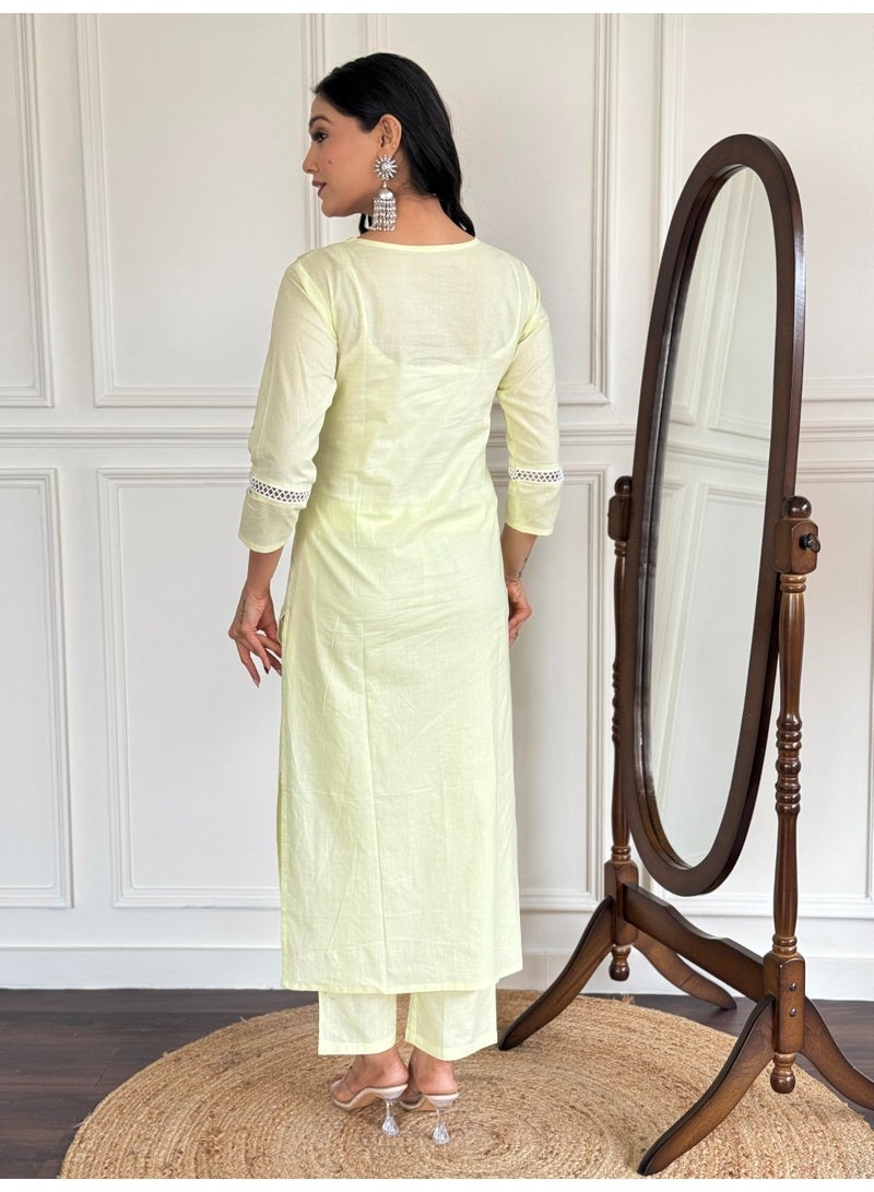 Naixa Women's Cotton Embroidered Straight Kurta with Pant and Dupatta Sets (NX-572-Light-Yellow-3XL) - Image 4