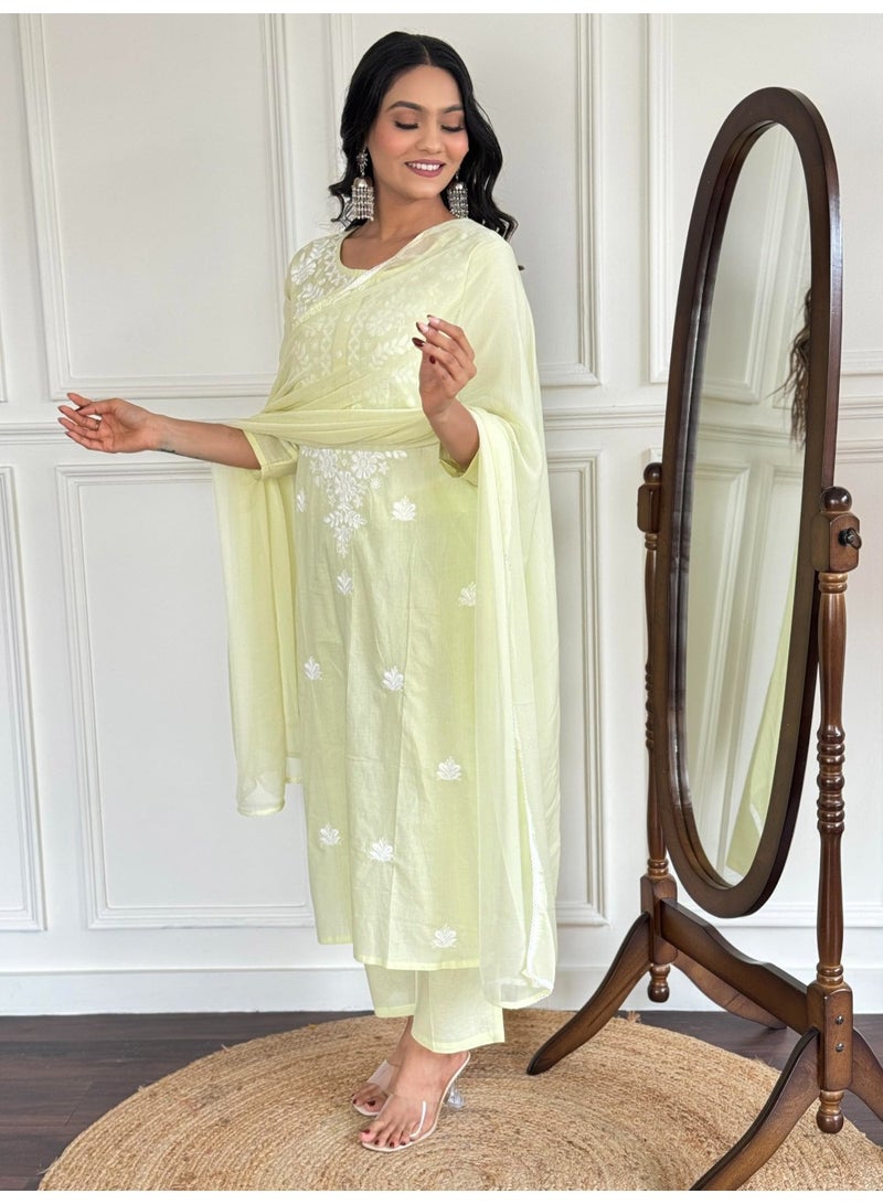 Naixa Women's Cotton Embroidered Straight Kurta with Pant and Dupatta Sets (NX-572-Light-Yellow-3XL) - Image 3