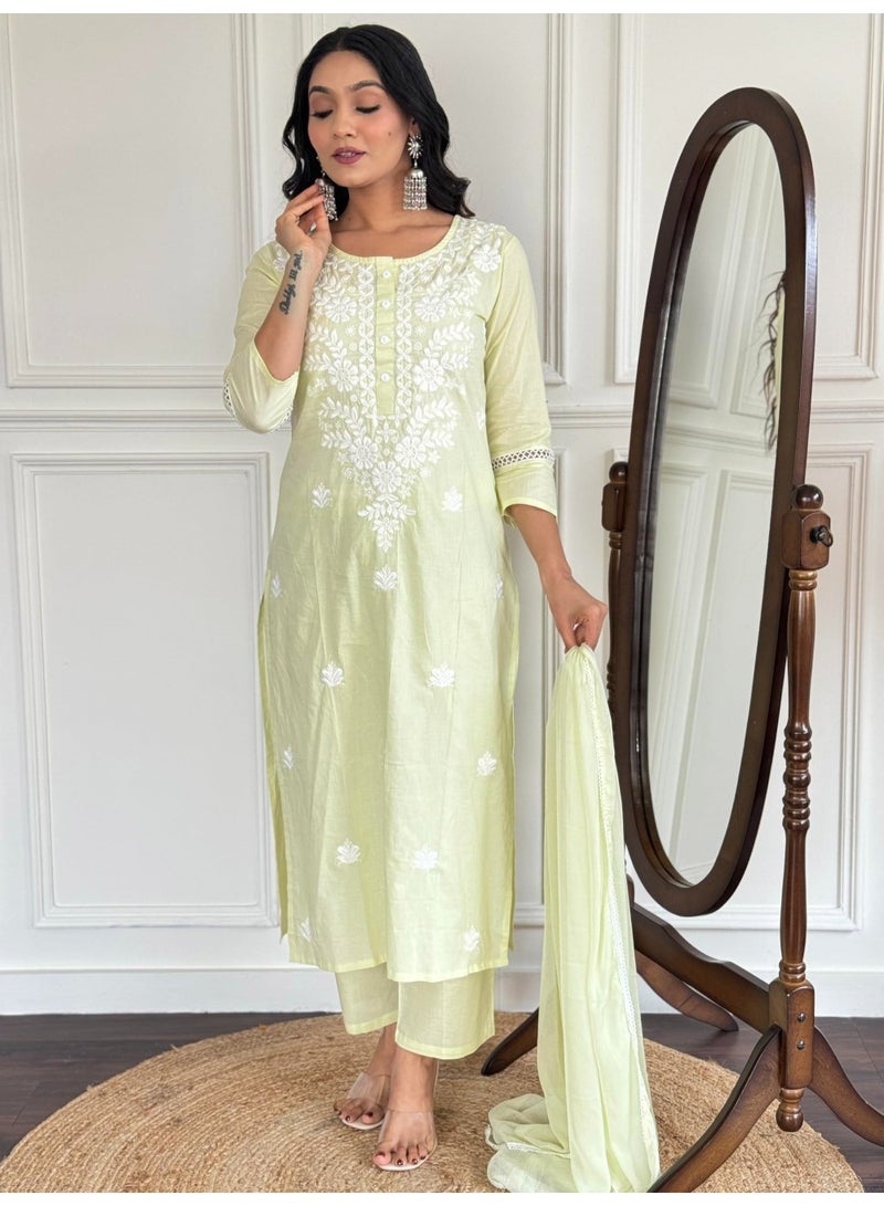 Naixa Women's Cotton Embroidered Straight Kurta with Pant and Dupatta Sets (NX-572-Light-Yellow-3XL) - Image 2