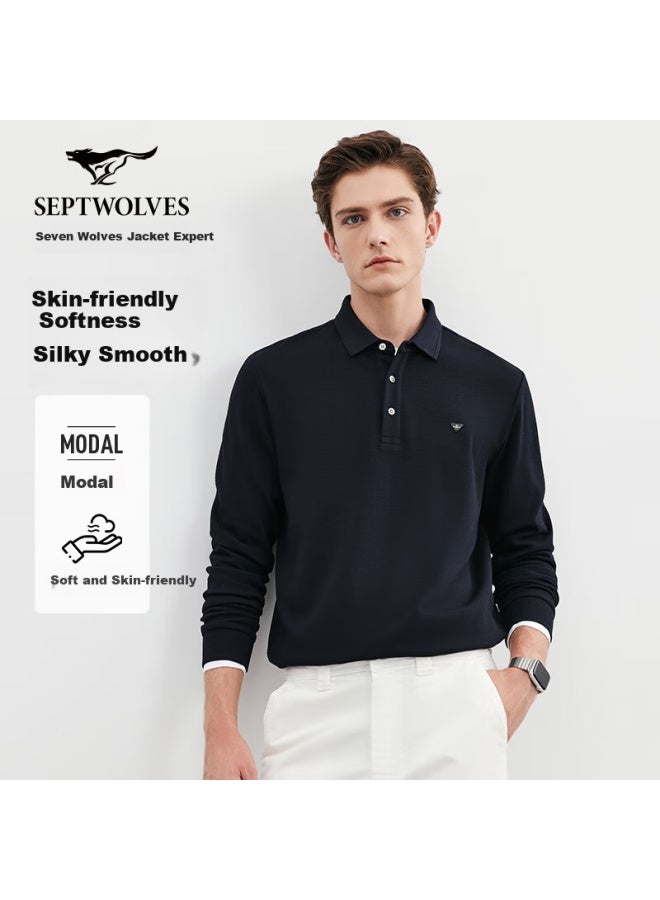 Septwolves Seven Wolves Long Sleeve Polo Shirt Autumn Business Casual Men's Modal Jacquard Pattern Versatile Top Resistant To Deformation - Image 1