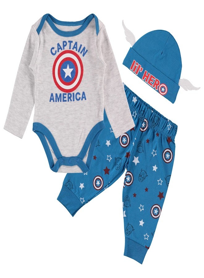 CAPTAIN AMERICA Marvel Baby Boys Clothing 3-Piece Set with Baby Bodysuit, Pants, and Hat - Newborn Boy Outfits (Grey/Blue/Red, 0-3 Months) - Image 1