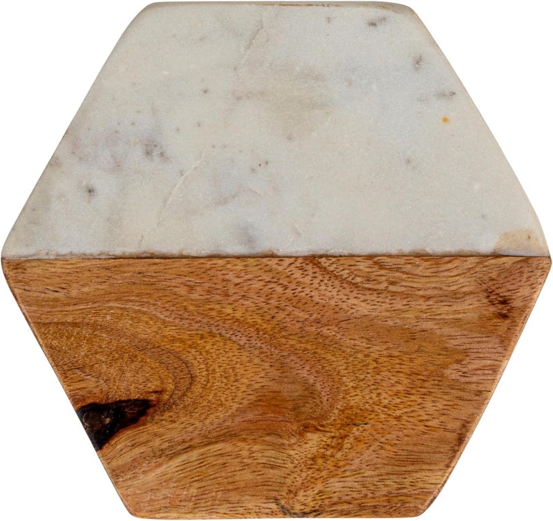 Creative Co-Op Marble and Natural Mango Wood Coasters (Set of 4), Hexagon, Multicolored - Image 5