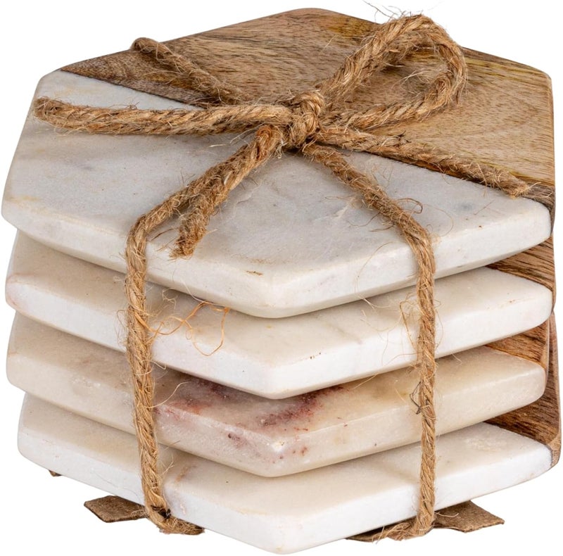 Creative Co-Op Marble and Natural Mango Wood Coasters (Set of 4), Hexagon, Multicolored - Image 1