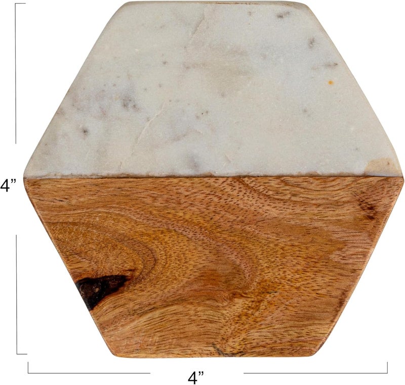 Creative Co-Op Marble and Natural Mango Wood Coasters (Set of 4), Hexagon, Multicolored - Image 2