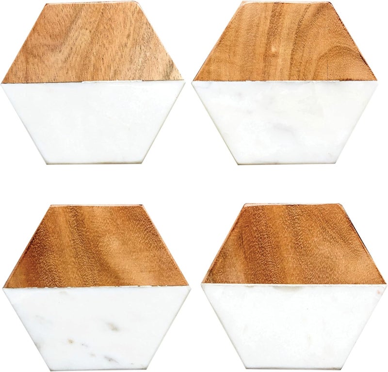 Creative Co-Op Marble and Natural Mango Wood Coasters (Set of 4), Hexagon, Multicolored - Image 3