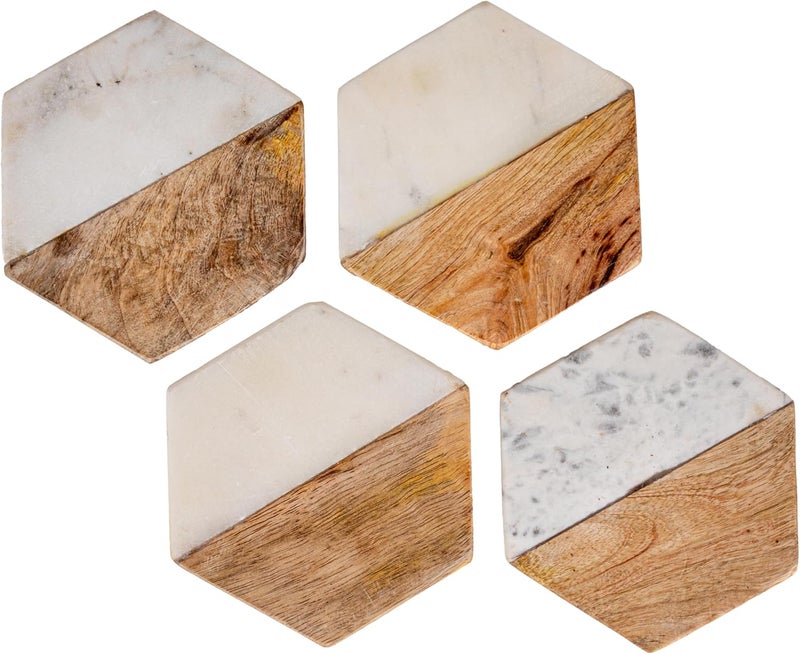 Creative Co-Op Marble and Natural Mango Wood Coasters (Set of 4), Hexagon, Multicolored - Image 4