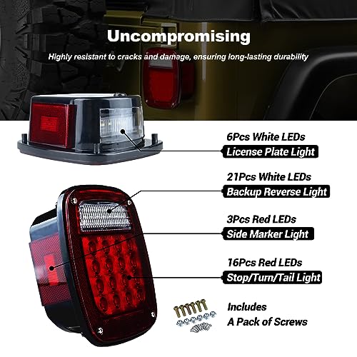 XtraGlow Tail Lights Assembly Replacement for 1979-2006 Wrangler TJ YJ CJ5 CJ7 Red Square Rear Combination Tail Lamps with Passenger and Driver Side Marker Stop Turn Signal Brake Lights DOT Certified, 2Pcs - Image 4