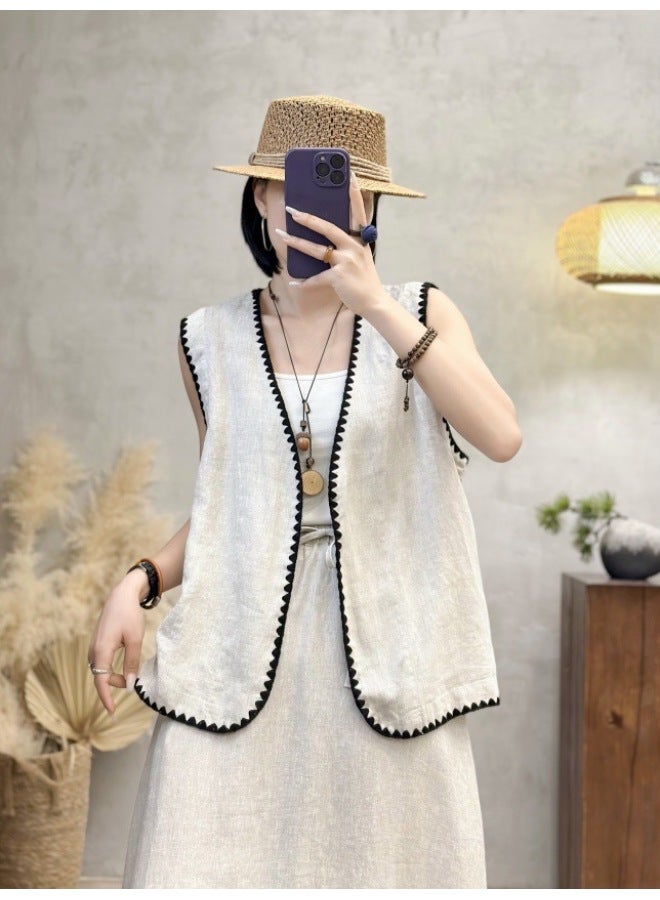 Pure Linen Vest Summer New Fashion Single-breasted Vest Women's Retro EmbroideV-neck Top 268 