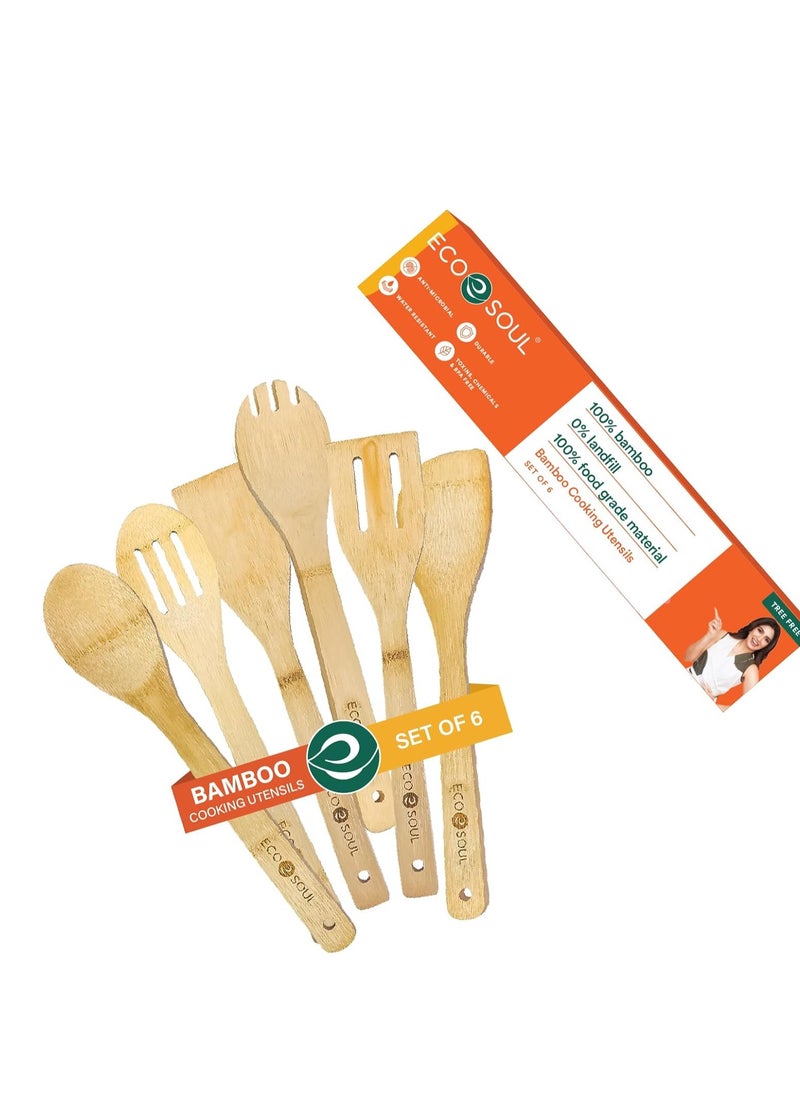 ECO SOUL ECO SOUL Bamboo Wooden Kitchen Utensils, Nonstick Premium Quality Spatula, Cutlery, Flatware | Set of 6 - Spoons Ladles Turners for Cooking, Serving, Mixing, Housewarming Gifts for Everyday Use  - Image 1