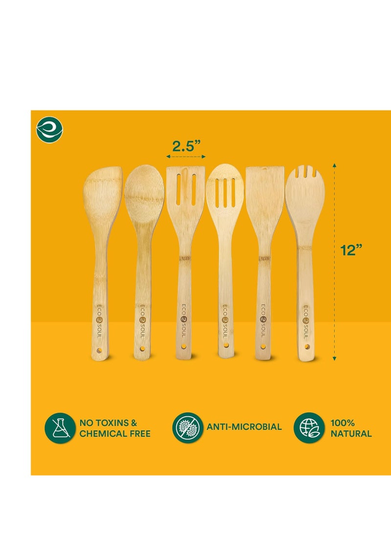 ECO SOUL ECO SOUL Bamboo Wooden Kitchen Utensils, Nonstick Premium Quality Spatula, Cutlery, Flatware | Set of 6 - Spoons Ladles Turners for Cooking, Serving, Mixing, Housewarming Gifts for Everyday Use  - Image 2