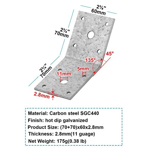 MOUNTAIN_ARK 10 Pack 2-3/4" Flush Inside 45 Degree (135 Degree) Angle Bracket, Galvanized Pergola Corner Bracket for Wood Post, Furniture - Image 2