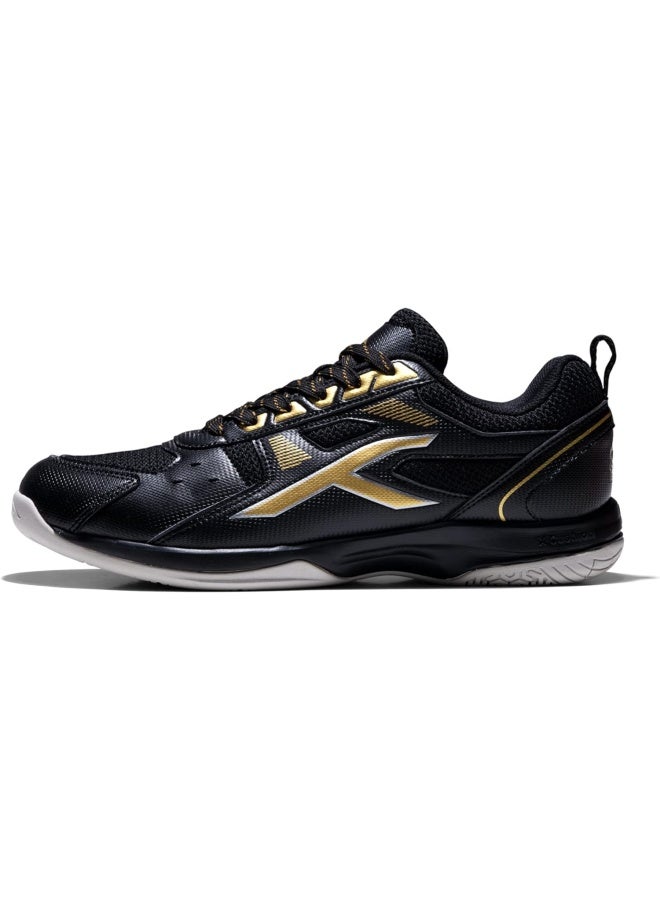 HUNDRED Raze Badminton Shoes (Non Marking) | Lightweight & Durable | X-Cushion, Active Grip Sole, Toe Assist (Black/Gold, 1UK) - Image 1