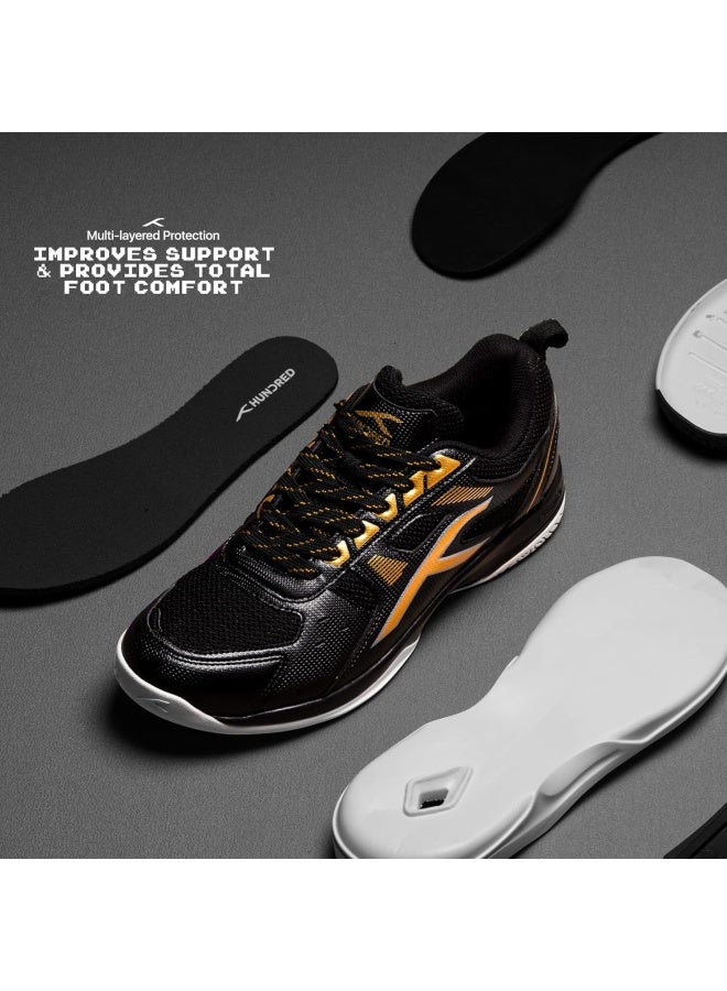 HUNDRED Raze Badminton Shoes (Non Marking) | Lightweight & Durable | X-Cushion, Active Grip Sole, Toe Assist (Black/Gold, 1UK) - Image 2