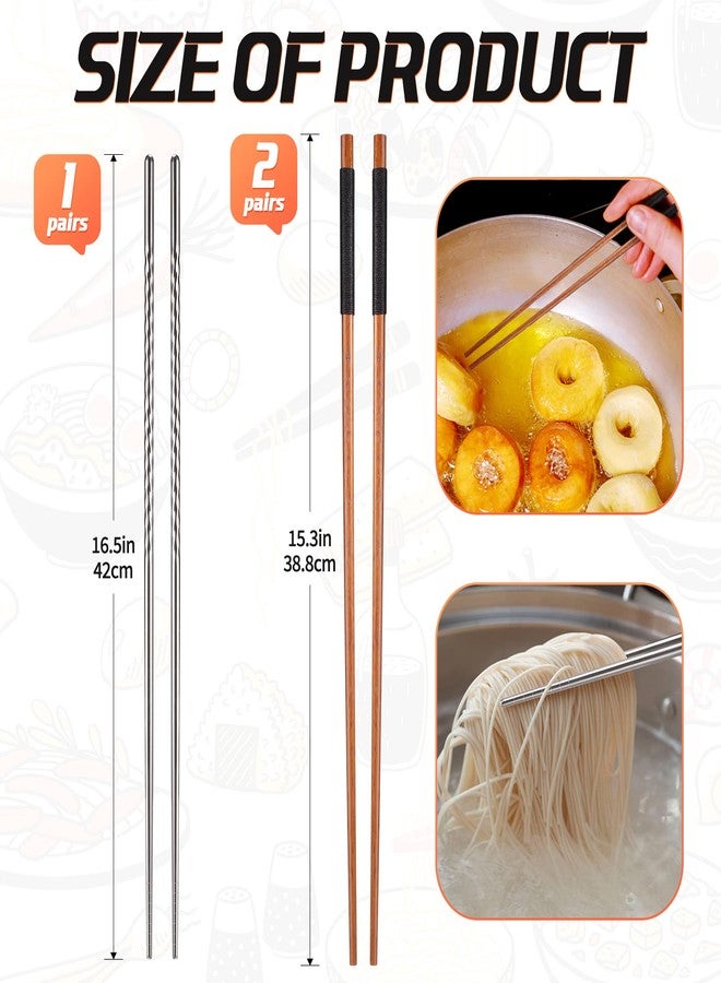 Romooa 3 Pairs Extra Long Cooking Chopsticks - 15.3 Inch Stainless Steel and 16.5 Inch Wooden Kitchen Chopsticks for Hot Pot, Frying, Noodle, and Cooking Favor - Image 2