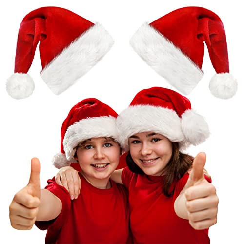 kortes 2 Pack Plush Kids Santa Hat Unisex Christmas Hats Classic Velvet Fabric Comfort Double Line Plush Santa Hat for Kids Children Toddler New Year Party Supplies Red2Pack - Image 1