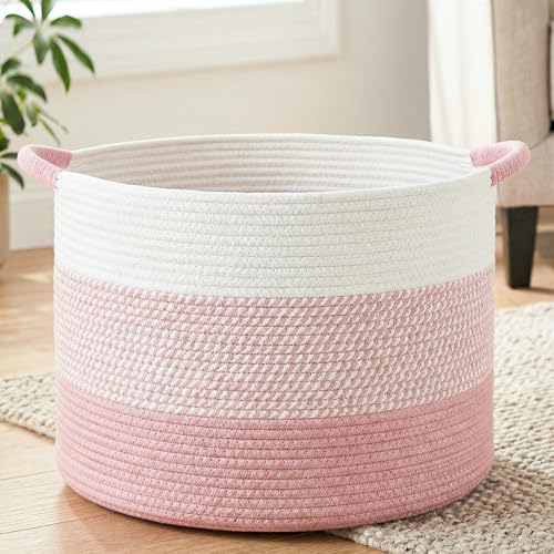 Artfeel 70L Large Cotton Rope Basket Decorative Woven Blanket Storage for Living Room Boho Toy Storage Toy Box for Kids Versatile Laundry Basket Nursery Hamper for BlanketsPink - Image 1