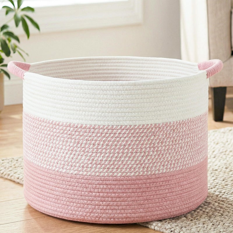 Artfeel 70L Large Cotton Rope Basket Decorative Woven Blanket Storage for Living Room Boho Toy Storage Toy Box for Kids Versatile Laundry Basket Nursery Hamper for BlanketsPink - Image 2