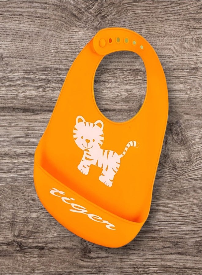 First Kick Baby Silicone Bibs | Feeding & Weaning Bibs for Babies & Toddlers | Waterproof, Washable, Reusable | Easy Clean, Non-Messy, Adjustable Neckline with Buttons | Pack of 2 Pcs (Green & Orange) - Image 2
