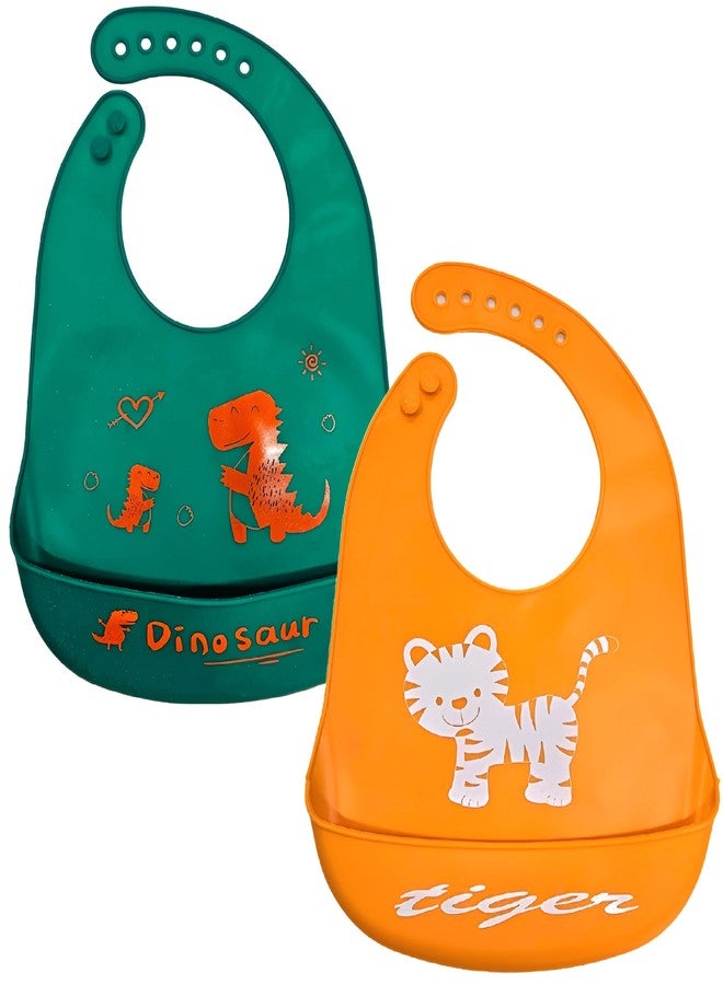 First Kick Baby Silicone Bibs | Feeding & Weaning Bibs for Babies & Toddlers | Waterproof, Washable, Reusable | Easy Clean, Non-Messy, Adjustable Neckline with Buttons | Pack of 2 Pcs (Green & Orange) - Image 1