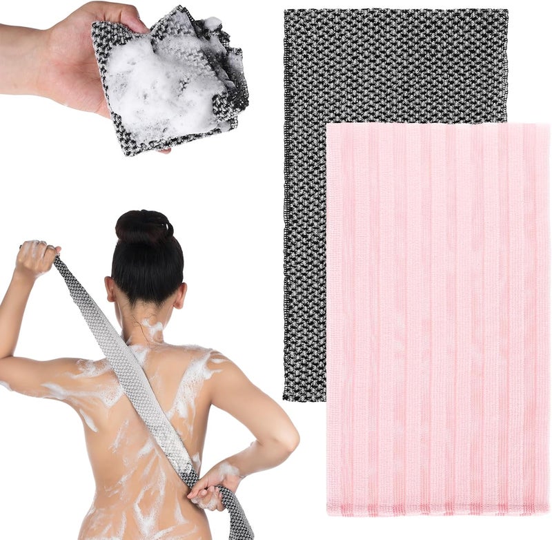 2PCS Exfoliating Washcloth Shower Towels Exfoliating Body Scrubber Back Scrubber for Shower Japanese Washcloth Bath Wash Cloth Exfoliation Luffah Towel Loofah Sponge Loofah Scrub Black Pink