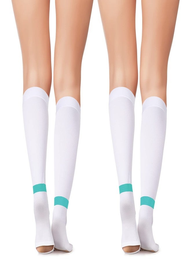 Coume 2 Pairs TED Hose Compression Stockings for Women Men Anti Embolism Knee High15-20 Mmhg Length Stocks with Inspect Toe Hole (Green Stripe,Large) - Image 1