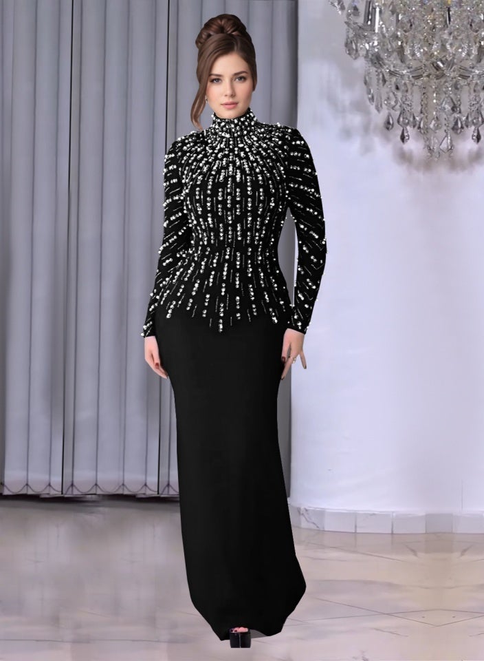 Madam Uniq Black Long - Sleeve Maxi Dress with Pearl and Crystal Embellishments - Image 1