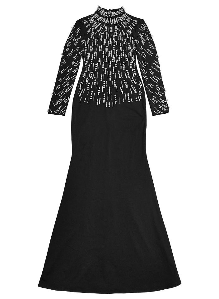 Madam Uniq Black Long - Sleeve Maxi Dress with Pearl and Crystal Embellishments - Image 3