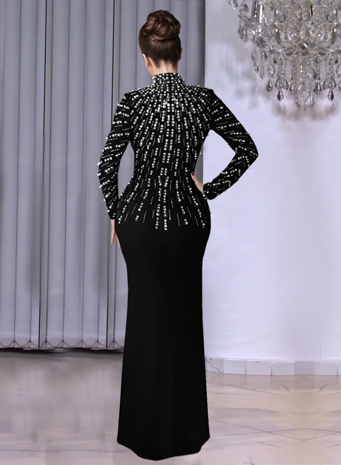 Madam Uniq Black Long - Sleeve Maxi Dress with Pearl and Crystal Embellishments - Image 2