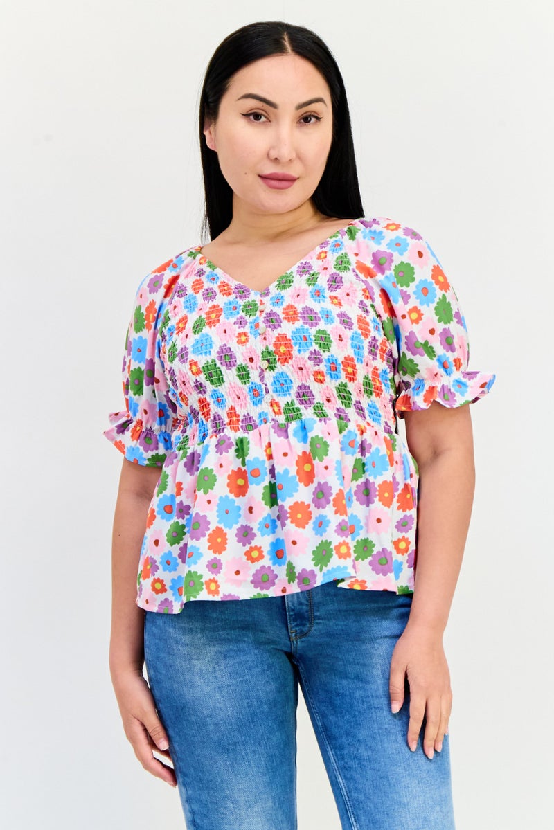 ONLY Women V Neck Short Sleeve Allover Print Blouse, Multicolor - Image 1