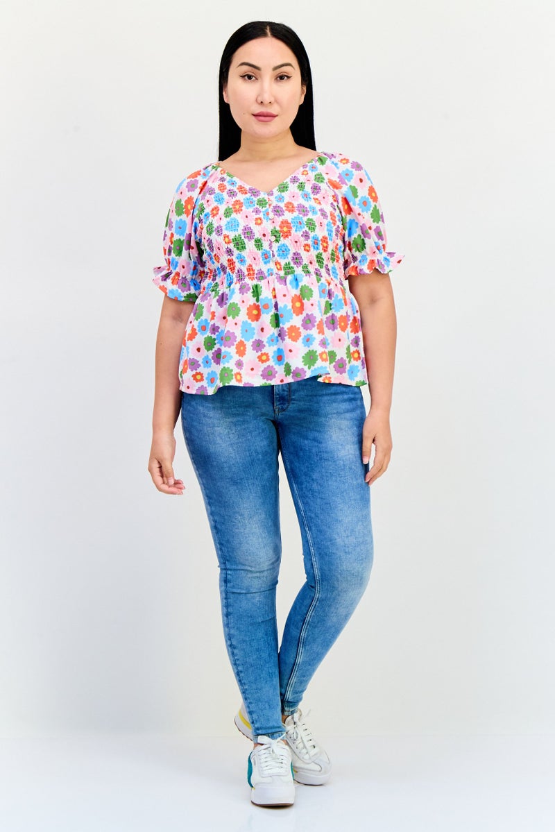 ONLY Women V Neck Short Sleeve Allover Print Blouse, Multicolor - Image 4