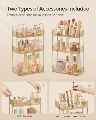 SONGMICS Makeup Organizer 3Tier Skincare Organizer Countertop Customizable 2 Types of Accessories Jewelry Holder for Vanity Bedroom Bathroom Champagne Gold UJKA013A01 - Image 3